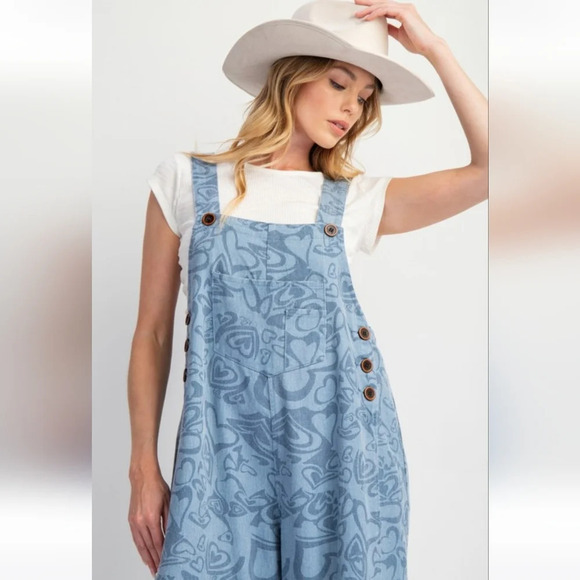 New Easel Heart Printed Denim Overalls Jumpsuit S - Picture 6 of 6